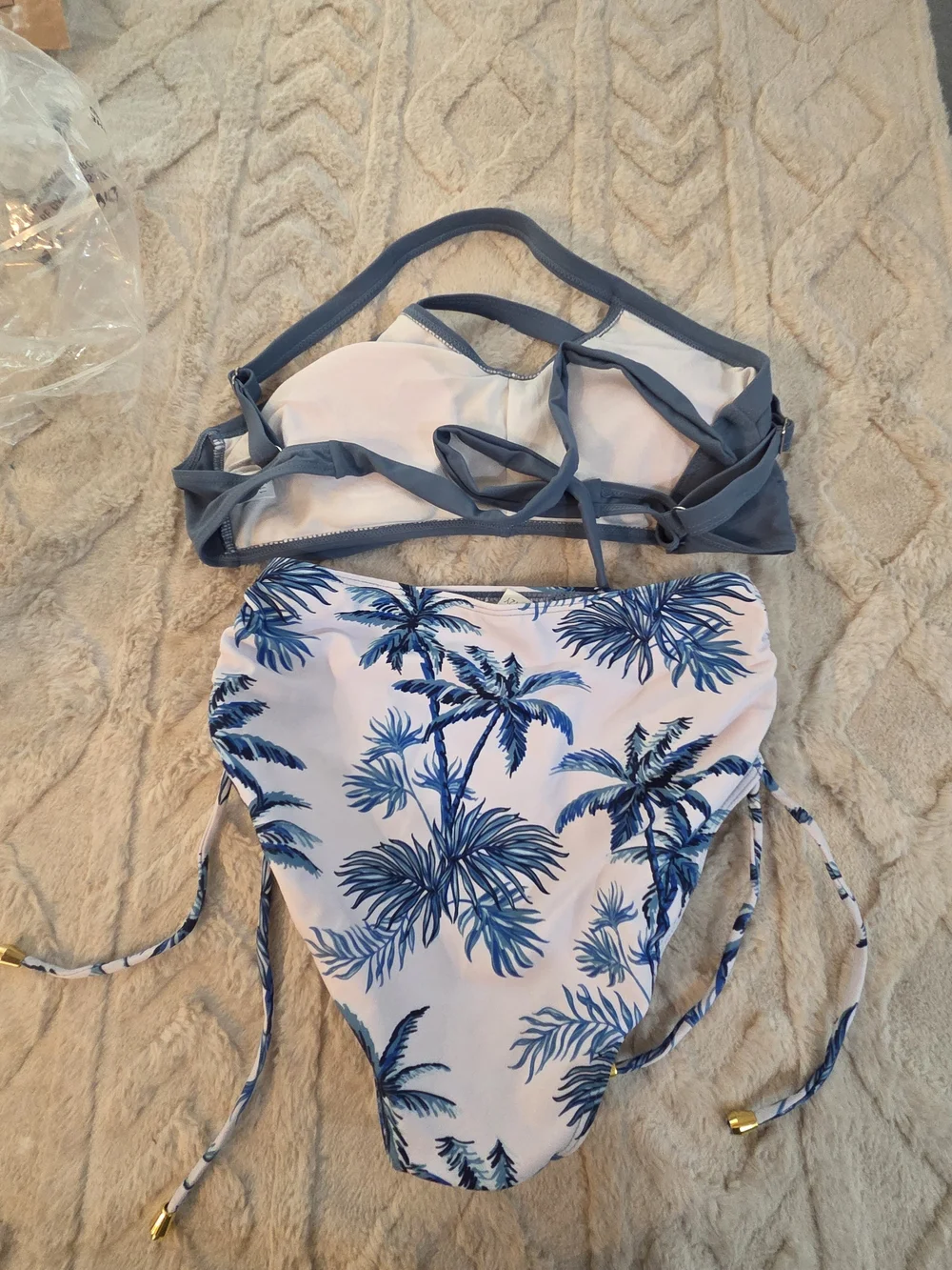 Blue‎ Twist-Front Bikini Top White Palm-Print High-Waist Bottom Girls Teen 11/12